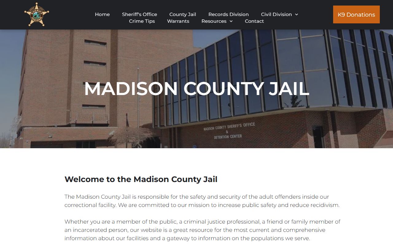 Madison County Jail information page for inmate records