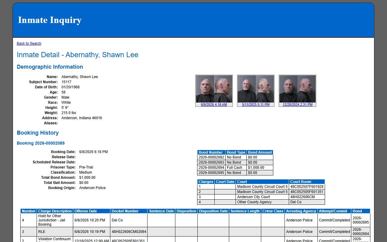 Madison County inmate records sample profile with booking fields